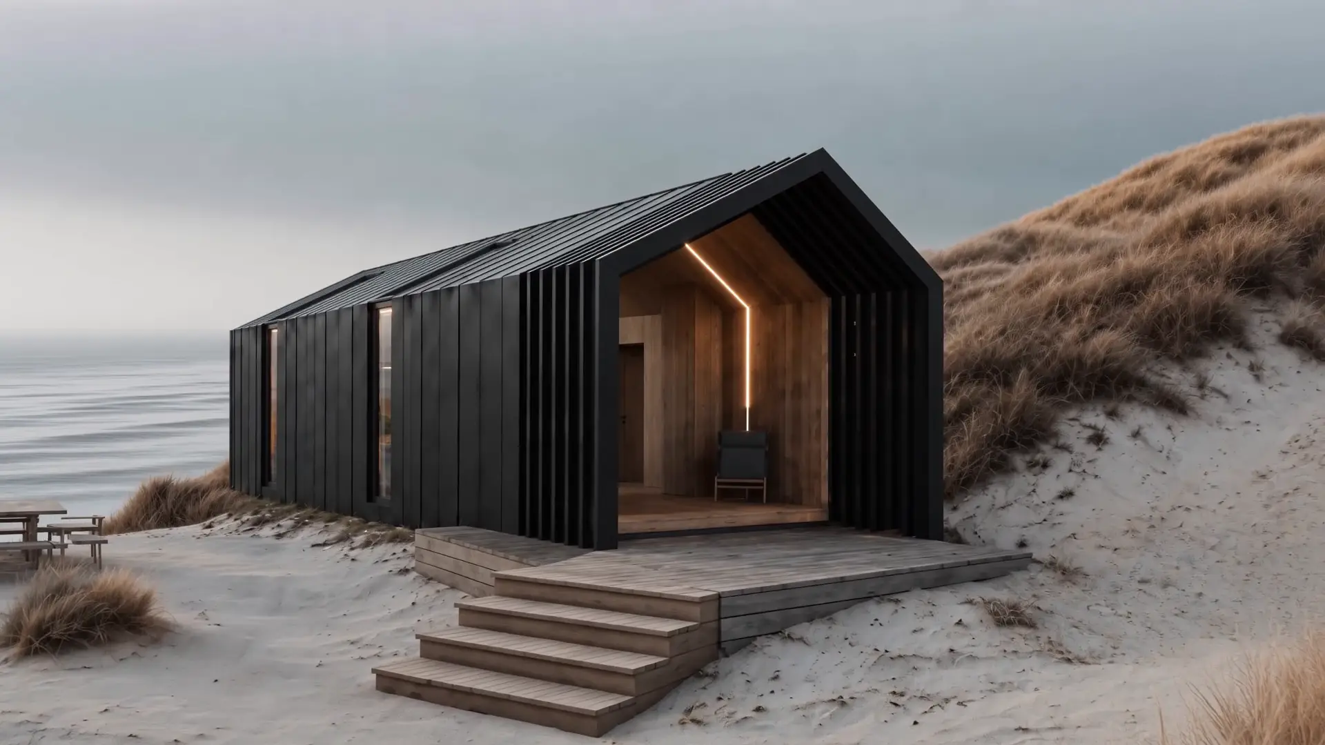 ANNA von vorn, offener Giebel mit Holz und Lichtband